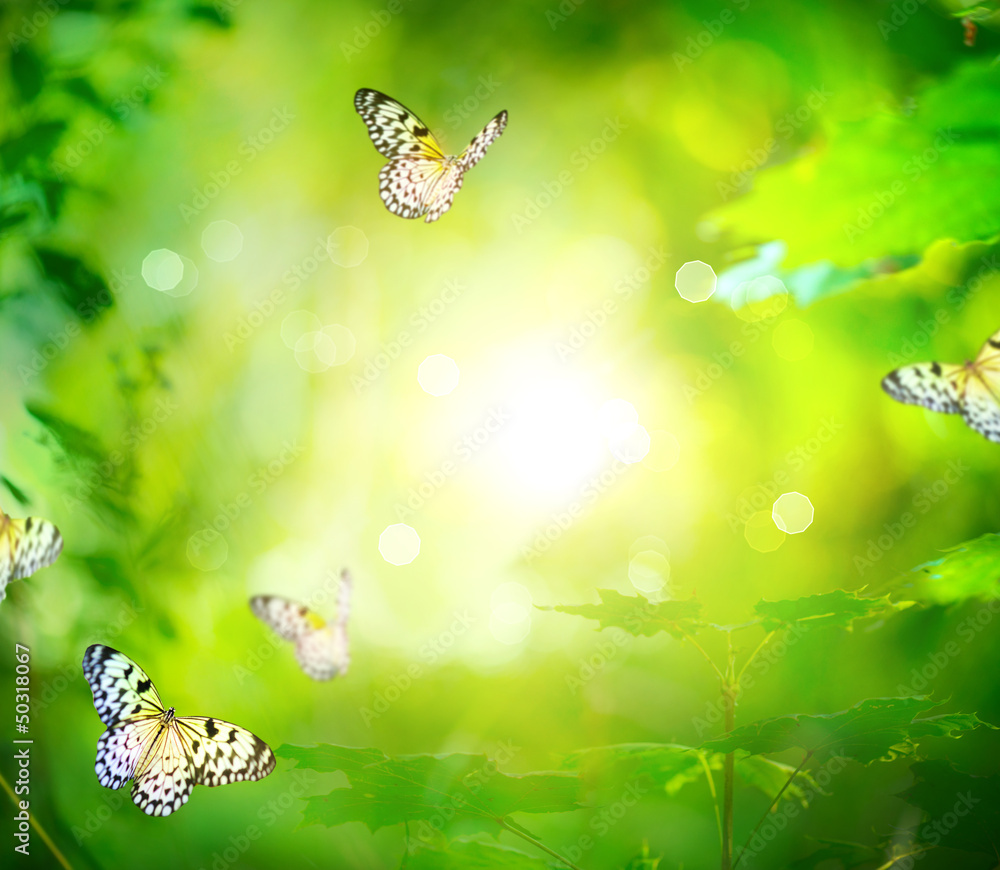 Sticker Beautiful Nature Spring Green Background With Butterfly