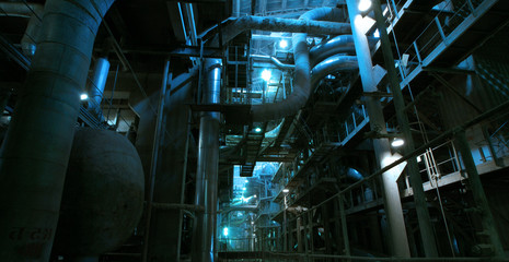 Industrial zone, Steel pipelines and cables in blue tones