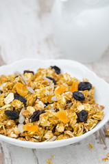 pumpkin granola with dried fruit and seeds closeup