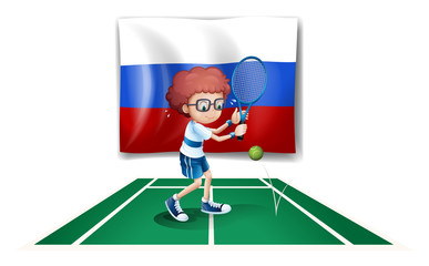 A tennis player in front of the Russian flag