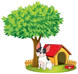 Foto op Plexiglas Honden Een hondenhok en een hond onder een boom