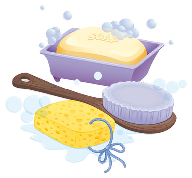 A sponge, a brush and a soap