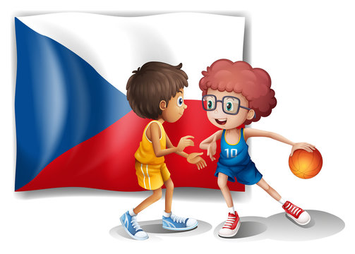 Basketball players in front of the Czech Republic flag