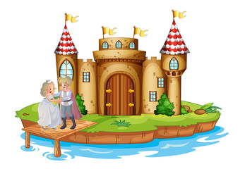 Ein Prinz und eine Prinzessin an der Holzbrücke beim Schloss