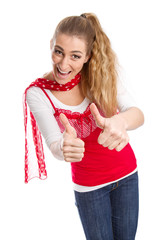 Spitze - Junge Frau in Rot isoliert freut sich - Daumen hoch