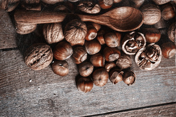 Nuts on the wooden table
