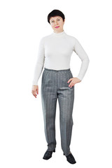 Woman Dressed In White Turtleneck And Grey Trousers