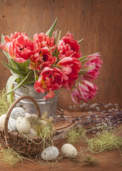 Tulip flowers and easter eggs