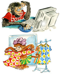 Obraz premium Cartoon monkeys: guy by computer, girl in front of mirror