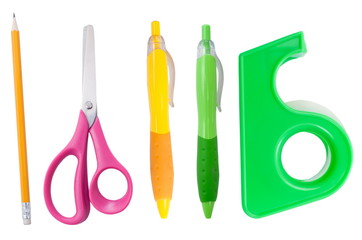individual school supplies on a white background