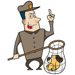 Cartoon Animal Control Officer with Dog in Net © JoyImage