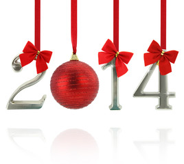 2014 calendar ornaments hanging on red ribbons