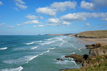 Fototapeta na wymiar Perranporth beach waves, Cornwall England.