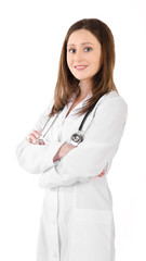 Smiling young doctor woman with a stethoscope isolated