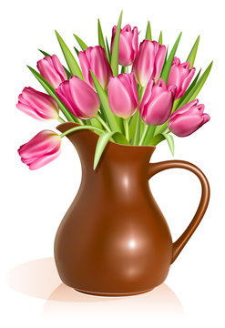 Pink tulips in clay pitcher
