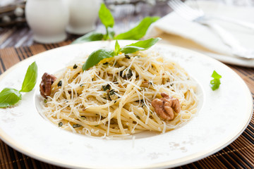 spaghetti with walnut pesto and parmesan