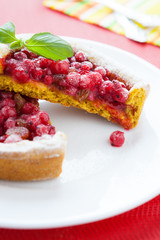 Small red currant pie on a white plate
