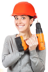 smiling woman with orange hard hat. isolated