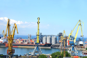 Container stack and ship under crane bridge