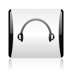 headphones black and white square web glossy icon