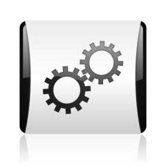 gears black and white square web glossy icon