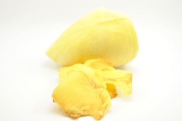 Yellow durian fried and fresh on white background