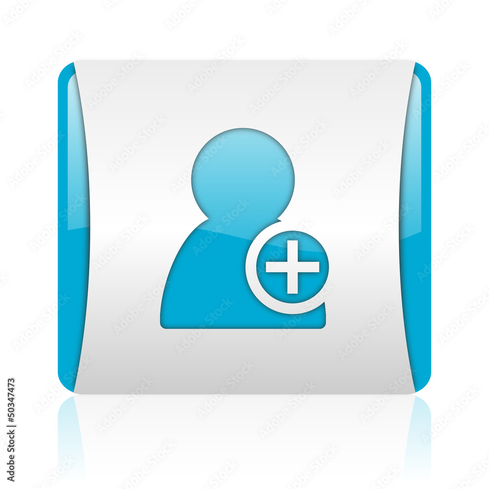 Poster add contact blue and white square web glossy icon