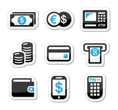 Money, atm - cash mashine vector icons set