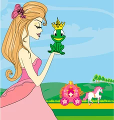 Acrylic prints Pony Beautiful young princess kissing a big frog