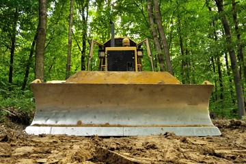 Bulldozer standing in forest for deforestation - obrazy, fototapety, plakaty