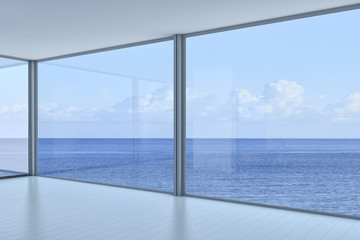 Fototapeta na wymiar Pusty 3d nowoczesne wnętrza na poddaszu z widokiem na morze / ocean widoku