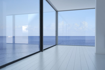 Fototapeta na wymiar Pusty 3d nowoczesne wnętrza na poddaszu z widokiem na morze / ocean widoku