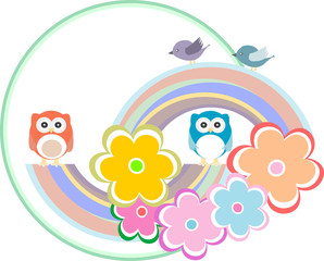 Background with owl, flowers and birds