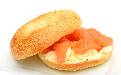 Bagel with smoked salmon and soft cheese  on plate