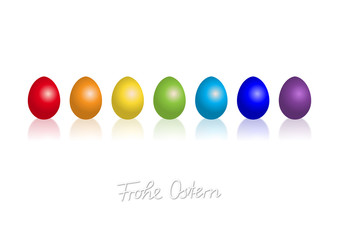 Ostereier in Regenbogenfarben und Schriftzug „Frohe Ostern“