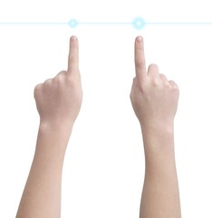 Left and right hands pointing on virtual buttons, isolated