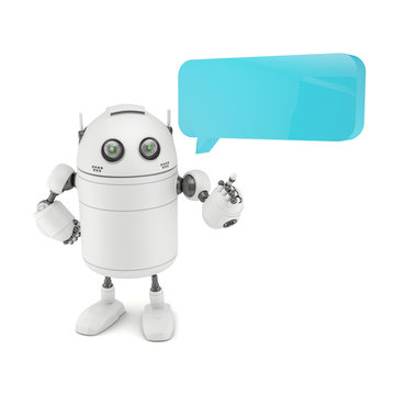 Robot with chat bubble. Isolated on white