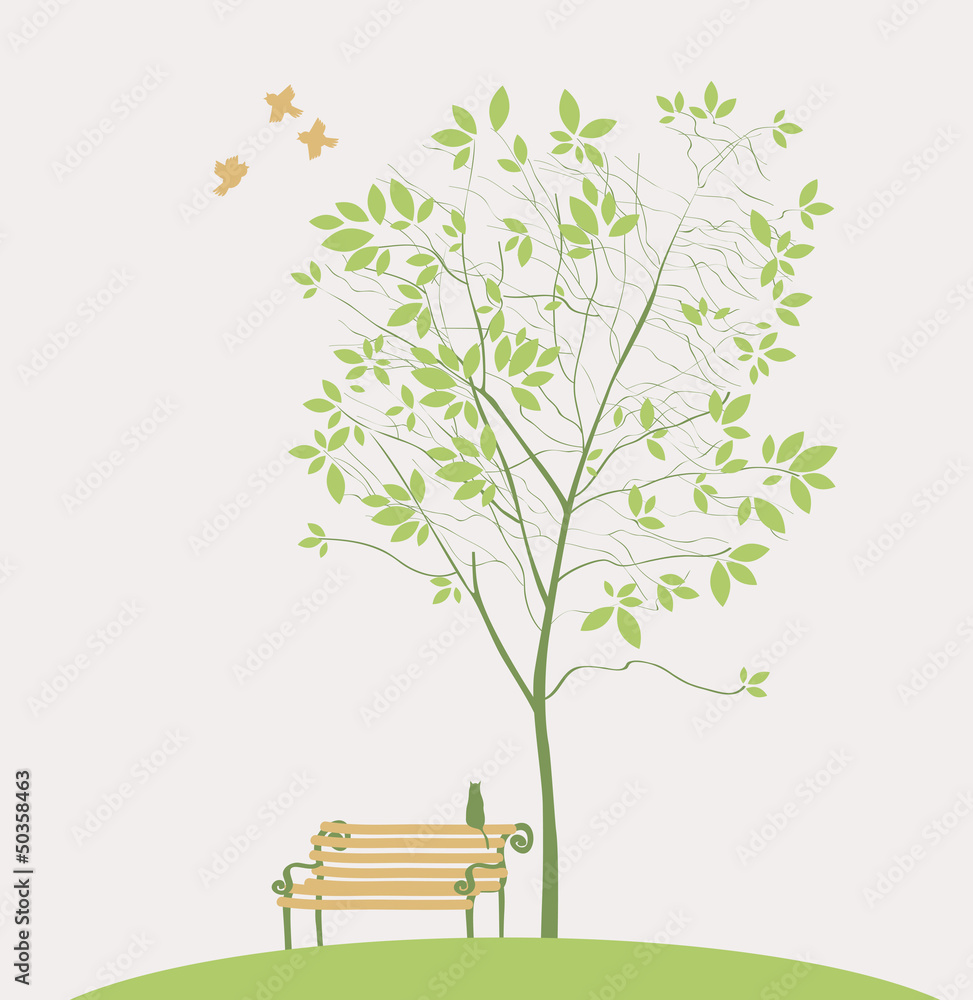 Aufkleber spring tree with bench bird and cat