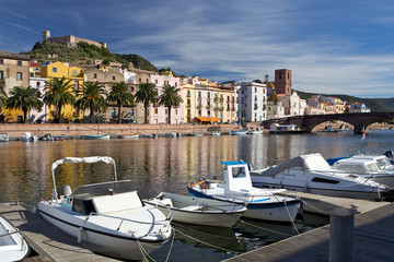 View of Bosa and fort from the river, Sardinia, Italy