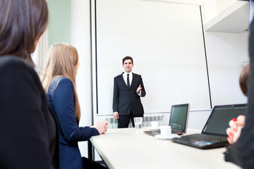 Young man presenting ideas to his business team