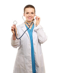 A doctor listening with a stethoscope, close-up