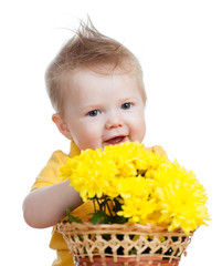 beatiful girl with flower gift, isolated on white