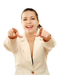Happy smiling businesswoman pointing at you. Isolated on white