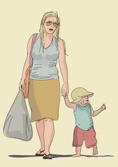 tired mom walking with her baby son