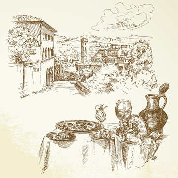 Fototapeta Tuscany, wine - hand drawn collection
