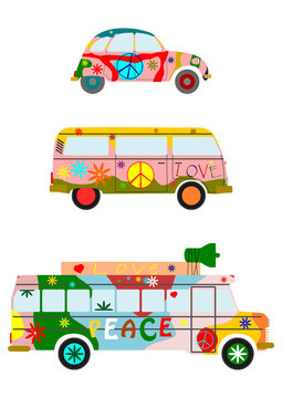Vintage colorful hippie cars in retro cartoon style. 