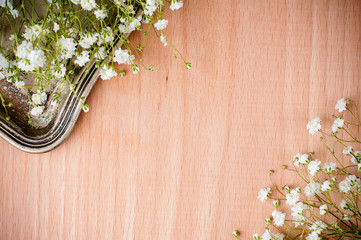 background with white flowers, antique tray