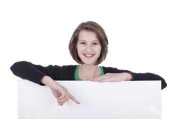 Mädchen zeigt auf leere Tafel - girl with messageboard