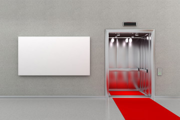Elevator with red carpet and blank billboard