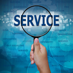 SERVICE in Magnifying glass on blue background